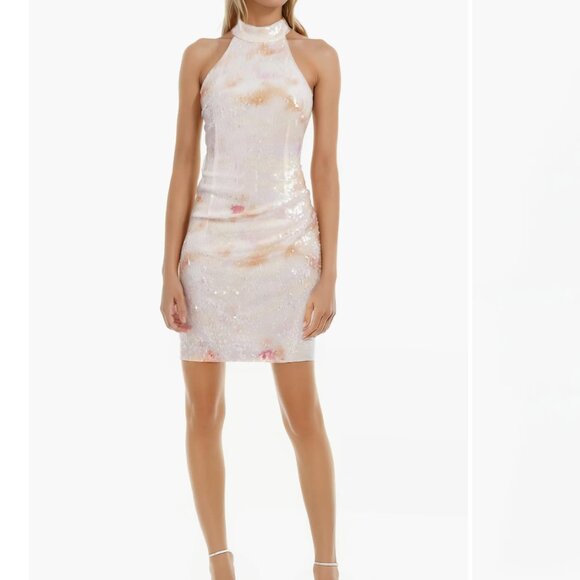 Daya Sequin Halter Mini Dress Neck Cocktail pastel Jewel Badgley Mischka - Picture 3 of 16